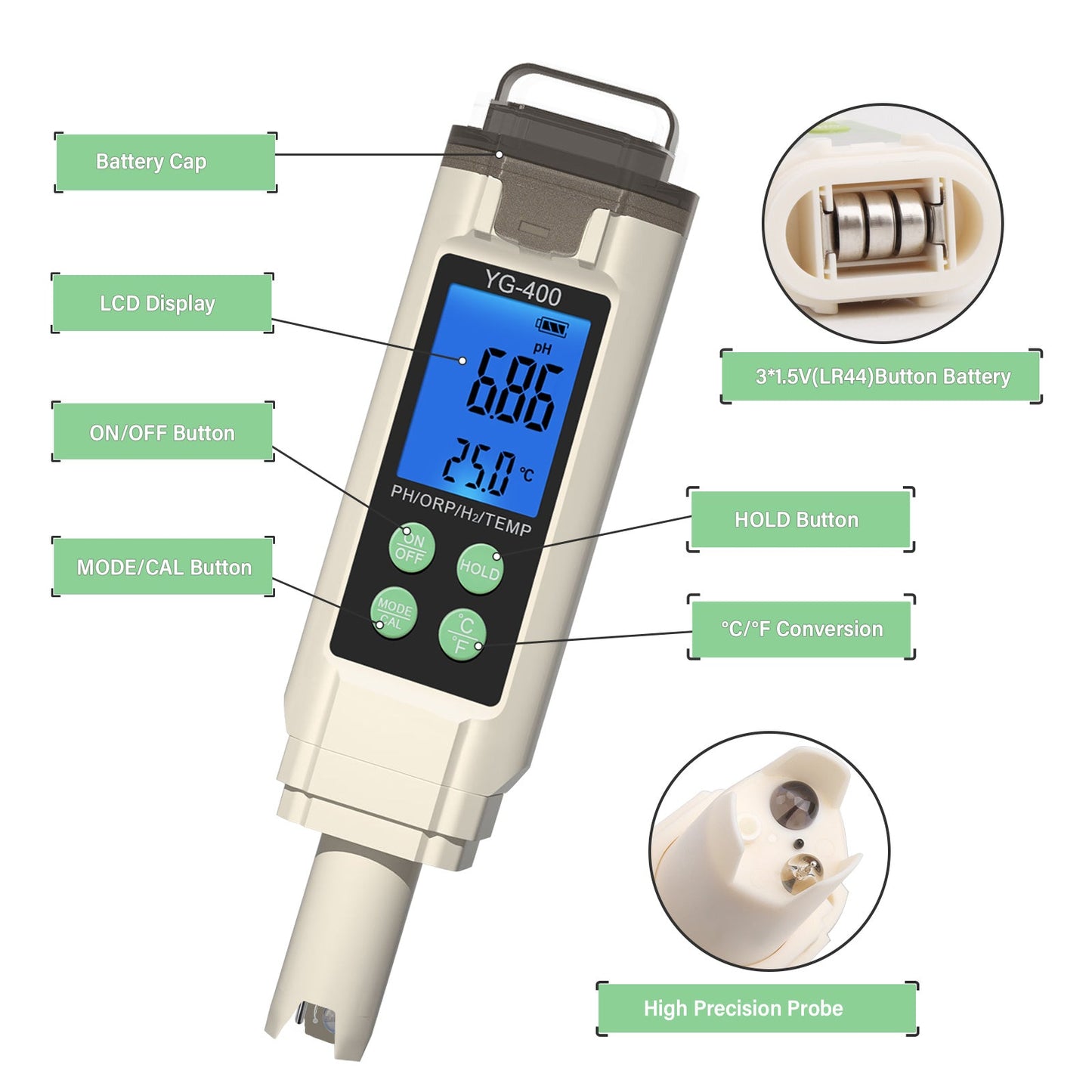 water quality monitoring 4 in 1 PH ORP H2 Temperature Meter ORP-1000 mV to+1000 mV Yieryi