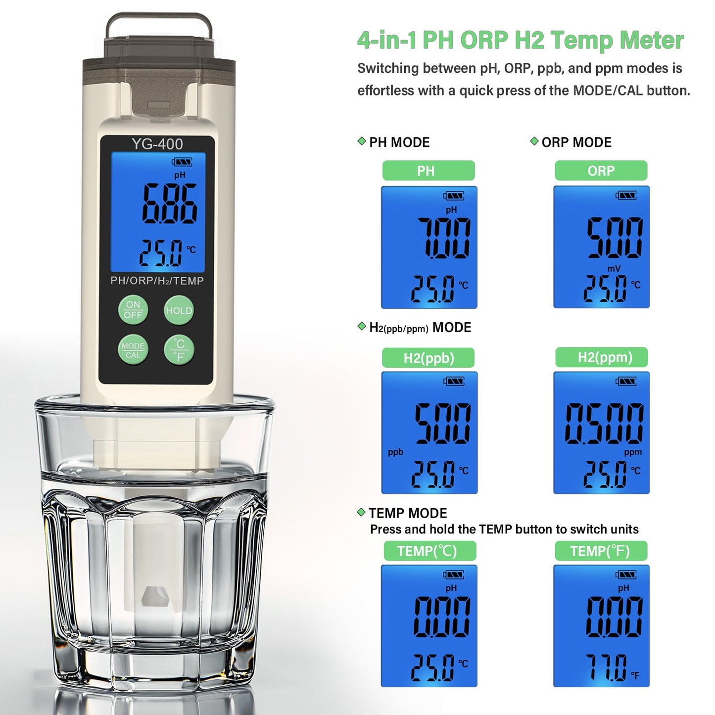 water quality monitoring 4 in 1 PH ORP H2 Temperature Meter ORP-1000 mV to+1000 mV Yieryi