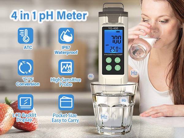 water quality monitoring 4 in 1 PH ORP H2 Temperature Meter ORP-1000 mV to+1000 mV Yieryi
