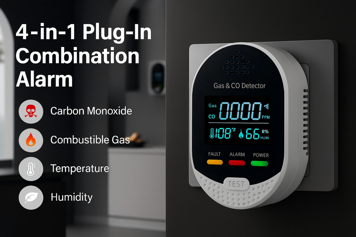 Plug-in Smart Gas & Carbon Monoxide Detector , CH₄/LPG & CO Sensor with LCD Display Yieryi