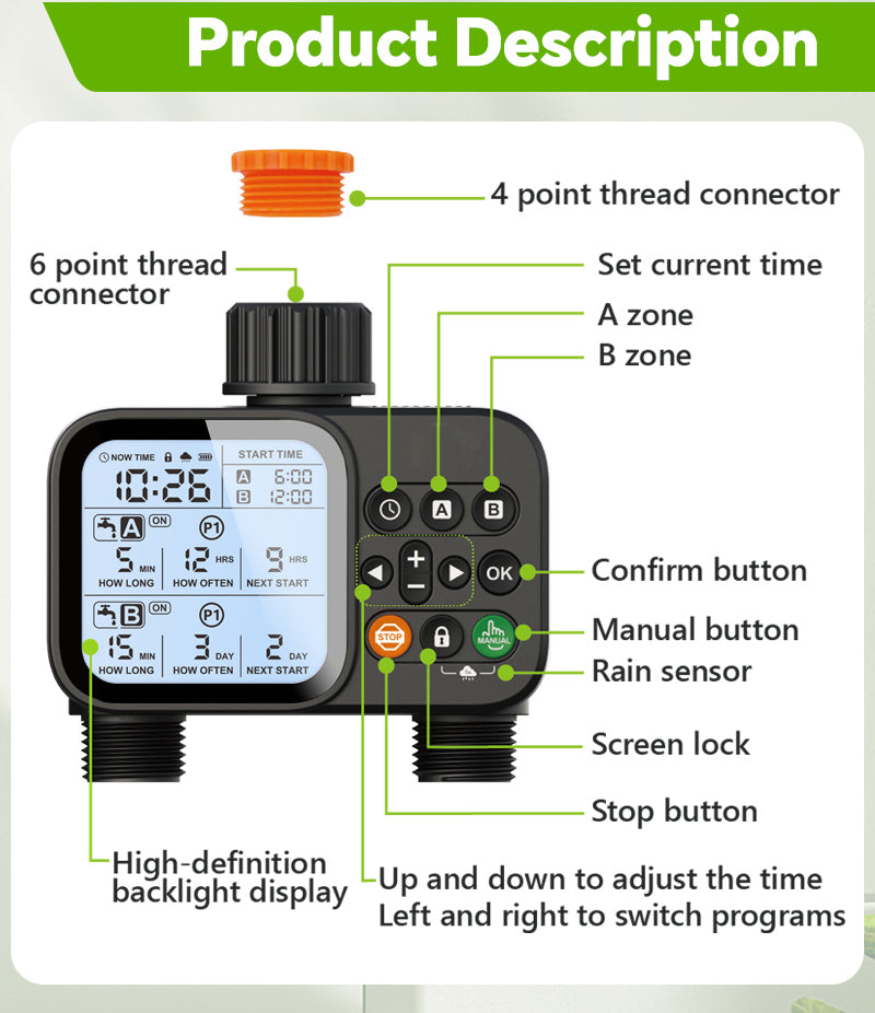 2-Zone Programmable LCD Water Timer for Garden Irrigation Yieryi