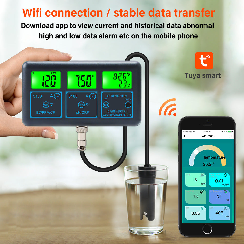 YIERYI WiFi pH Meter Temp TDS(ppm) EC ORP Water Tester Tuya APP Smart Monitor for Aquariums Hydroponics Swimming Pool Yieryi