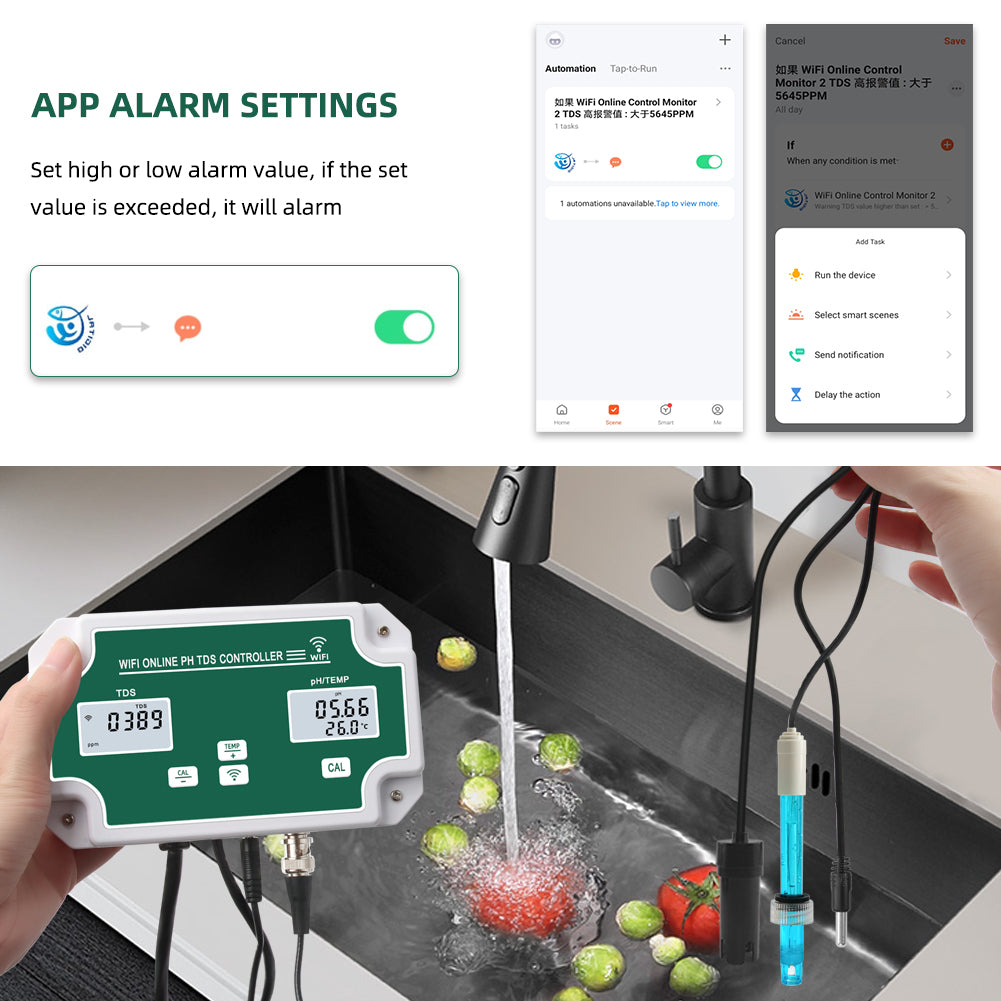 YIERYI WiFi Water Quality Monitor with Controller, Online pH TDS Monitor, Support Tuya APP Remote Control Yieryi
