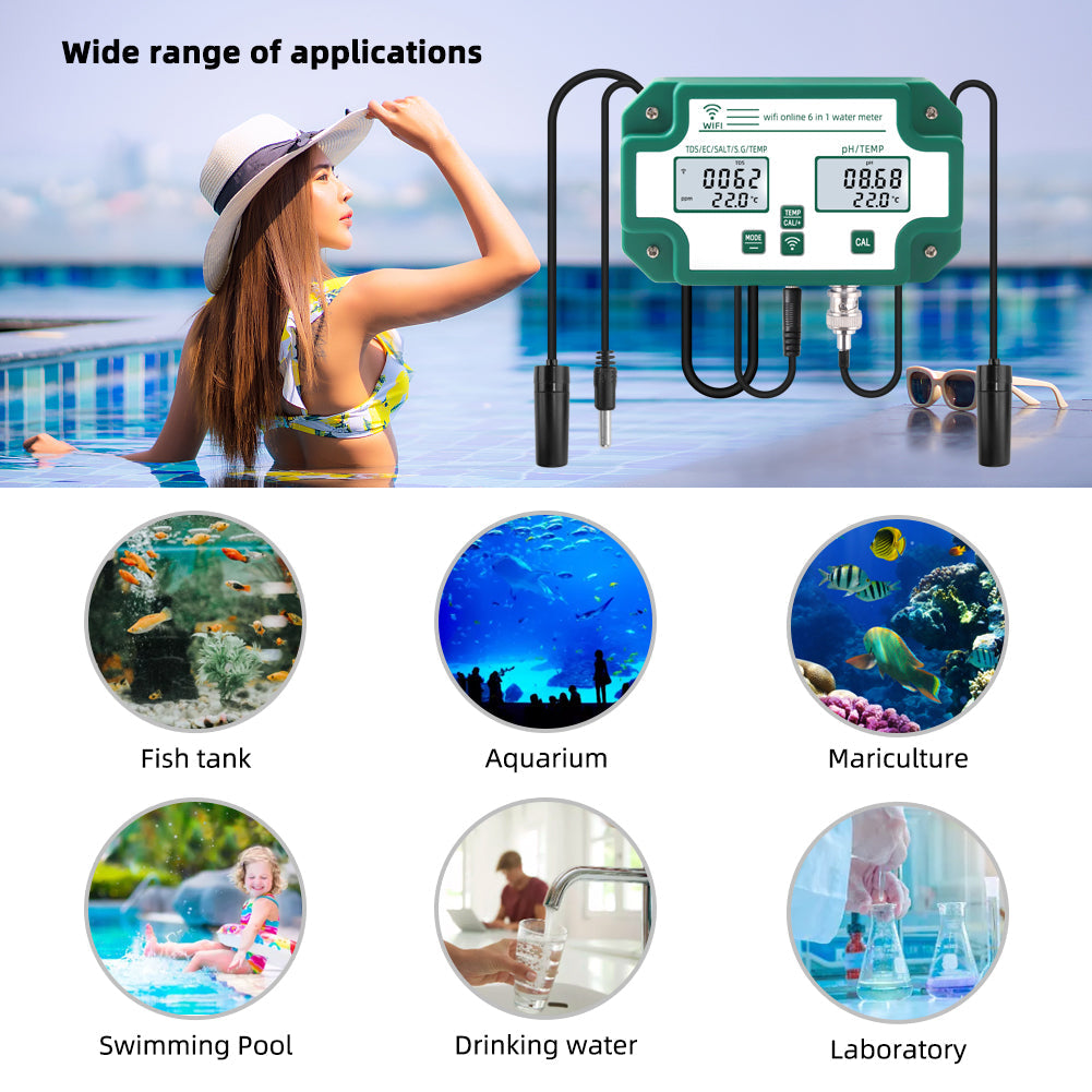 YIERYI Smart Bluetooth Water Quality Tester 6 in 1 PH/ TDS/ EC/ Salinity/ S.G./ Temp Meter WiFi APP Intelligent Control Yieryi