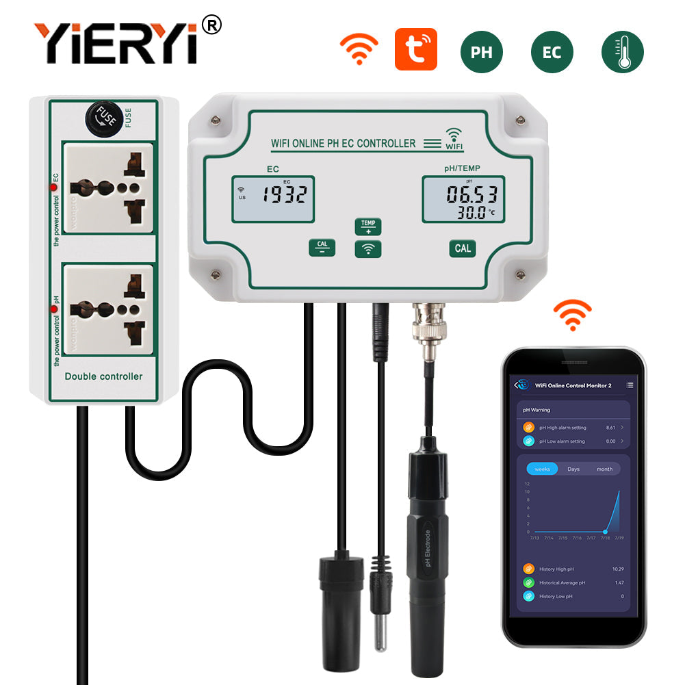 YIERYI WiFi PH EC Meter 3-in-1 Water Quality Tester Conductivity Controller for Hydroponics Aquariums Yieryi
