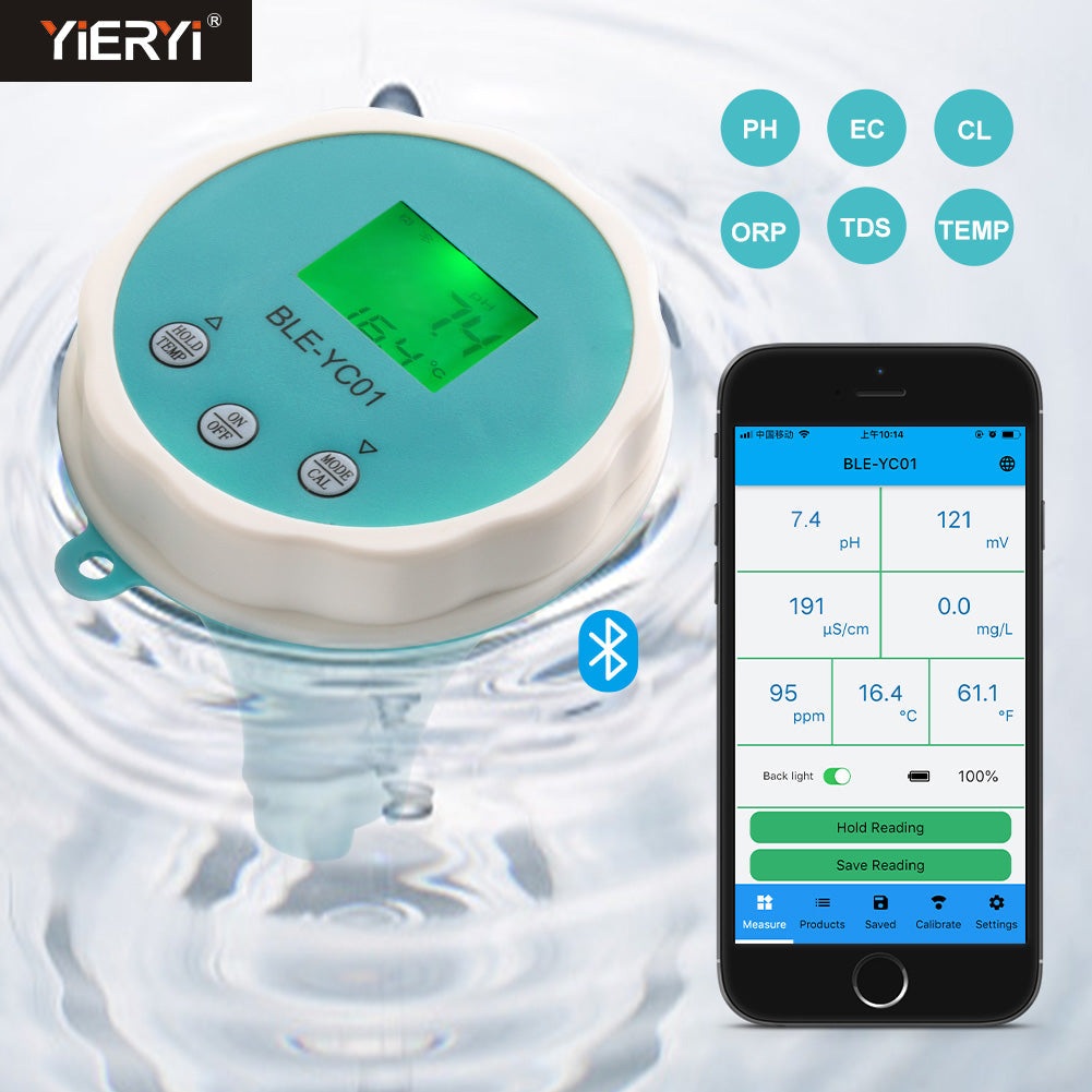 YIERYI Digital Temp CL ORP EC TDS PH Meter, Bluetooth Water Quality Tester for Swimming Pool Yieryi