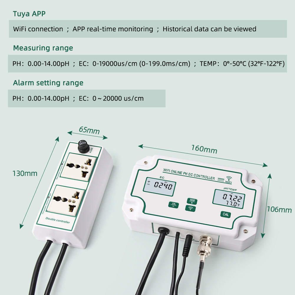 YIERYI WiFi PH EC Meter 3-in-1 Water Quality Tester Conductivity Controller for Hydroponics Aquariums Yieryi