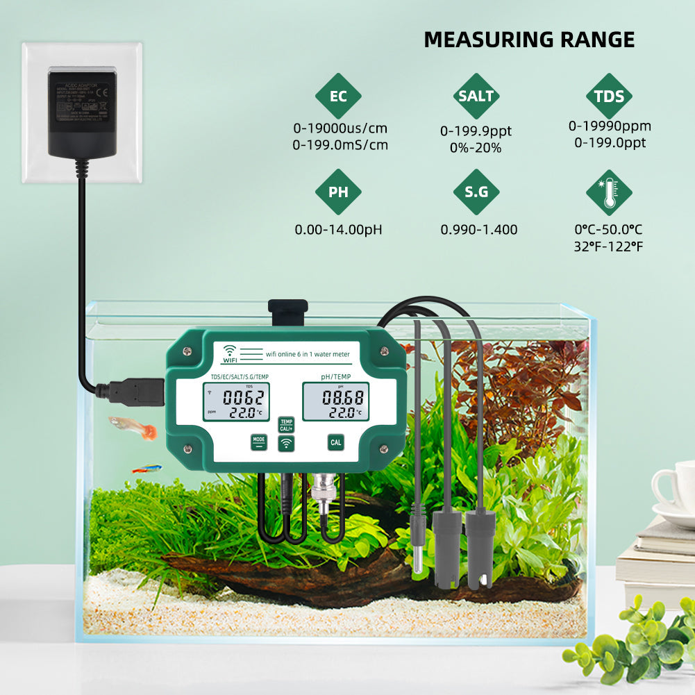 YIERYI Smart Bluetooth Water Quality Tester 6 in 1 PH/ TDS/ EC/ Salinity/ S.G./ Temp Meter WiFi APP Intelligent Control Yieryi
