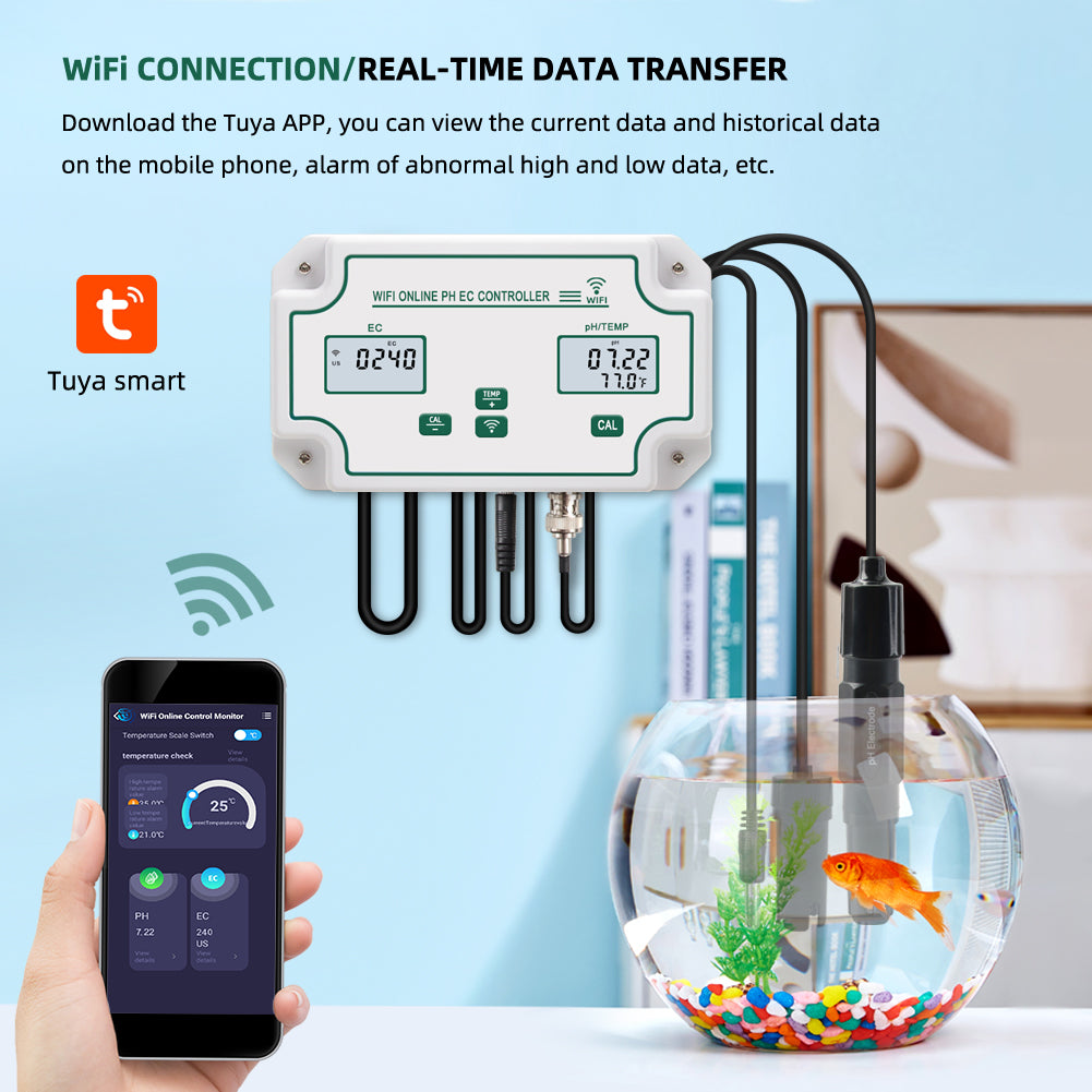 YIERYI WiFi PH EC Meter 3-in-1 Water Quality Tester Conductivity Controller for Hydroponics Aquariums Yieryi