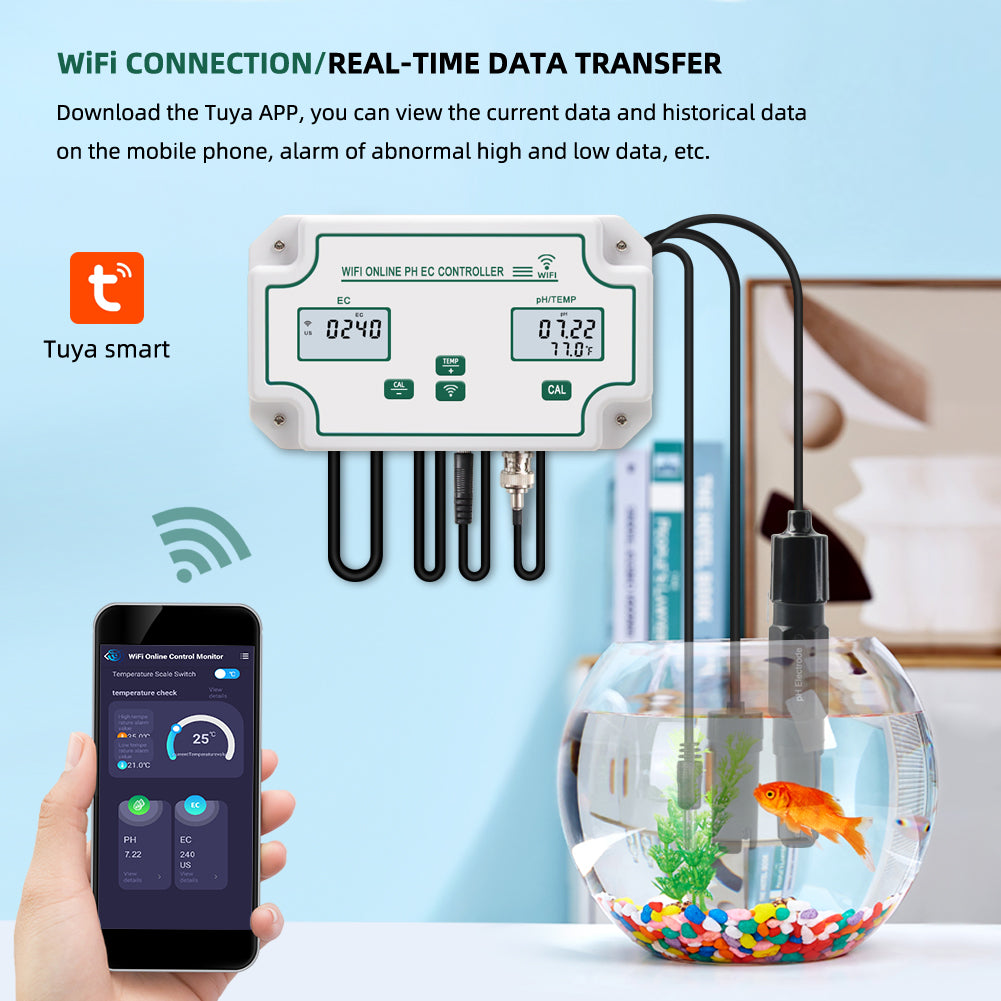YIERYI WiFi PH EC Meter 3-in-1 Water Quality Tester Conductivity Controller for Hydroponics Aquariums