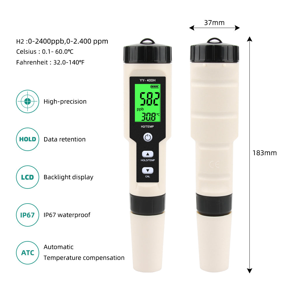 YIERYI H2/TEMP Meter, Hydrogen Ion Water Quality Monitor Tester ATC for Drinking Aquariums Laboratory Yieryi