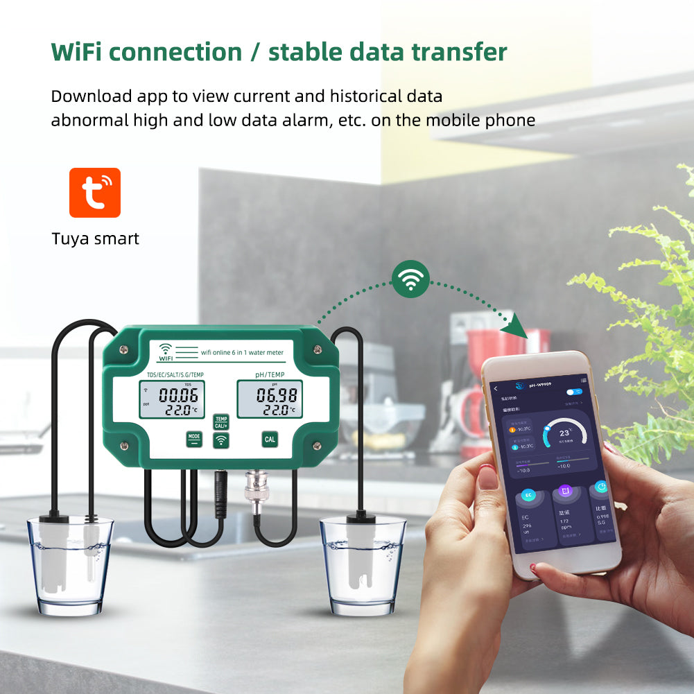 YIERYI Smart Bluetooth Water Quality Tester 6 in 1 PH/ TDS/ EC/ Salinity/ S.G./ Temp Meter WiFi APP Intelligent Control Yieryi