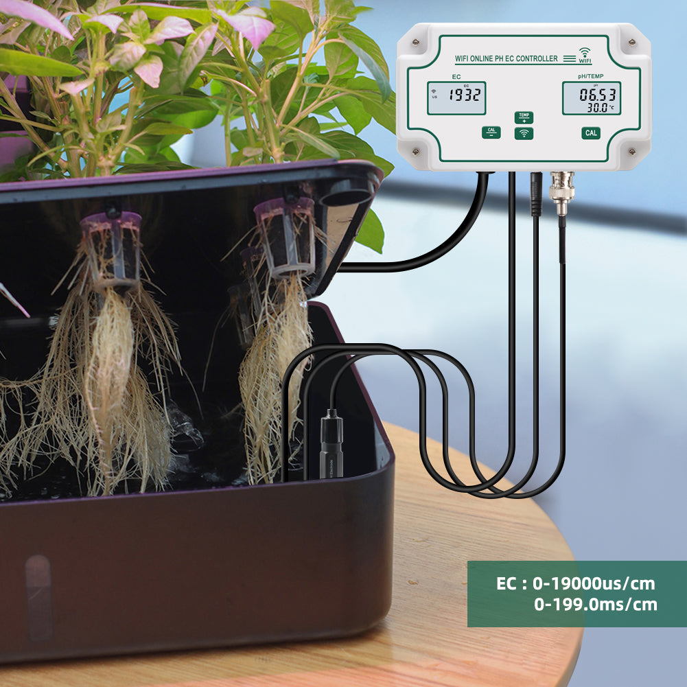 YIERYI WiFi PH EC Meter 3-in-1 Water Quality Tester Conductivity Controller for Hydroponics Aquariums Yieryi
