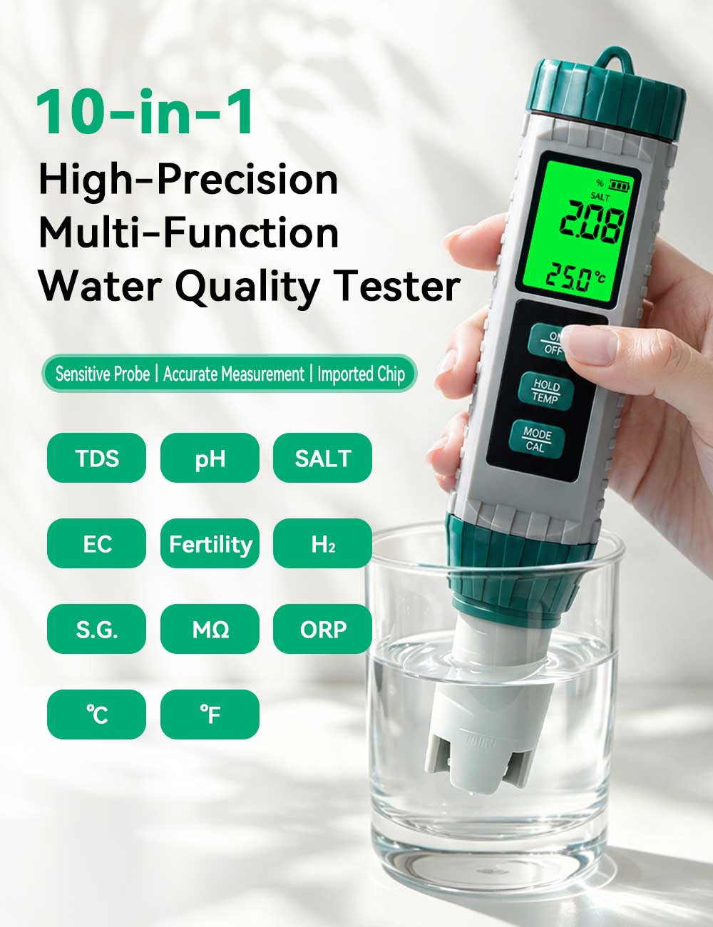 10‑in‑1 Multi‑Parameter Water Quality Test Pen, PH TDS EC ORP Salinity Meter Yieryi