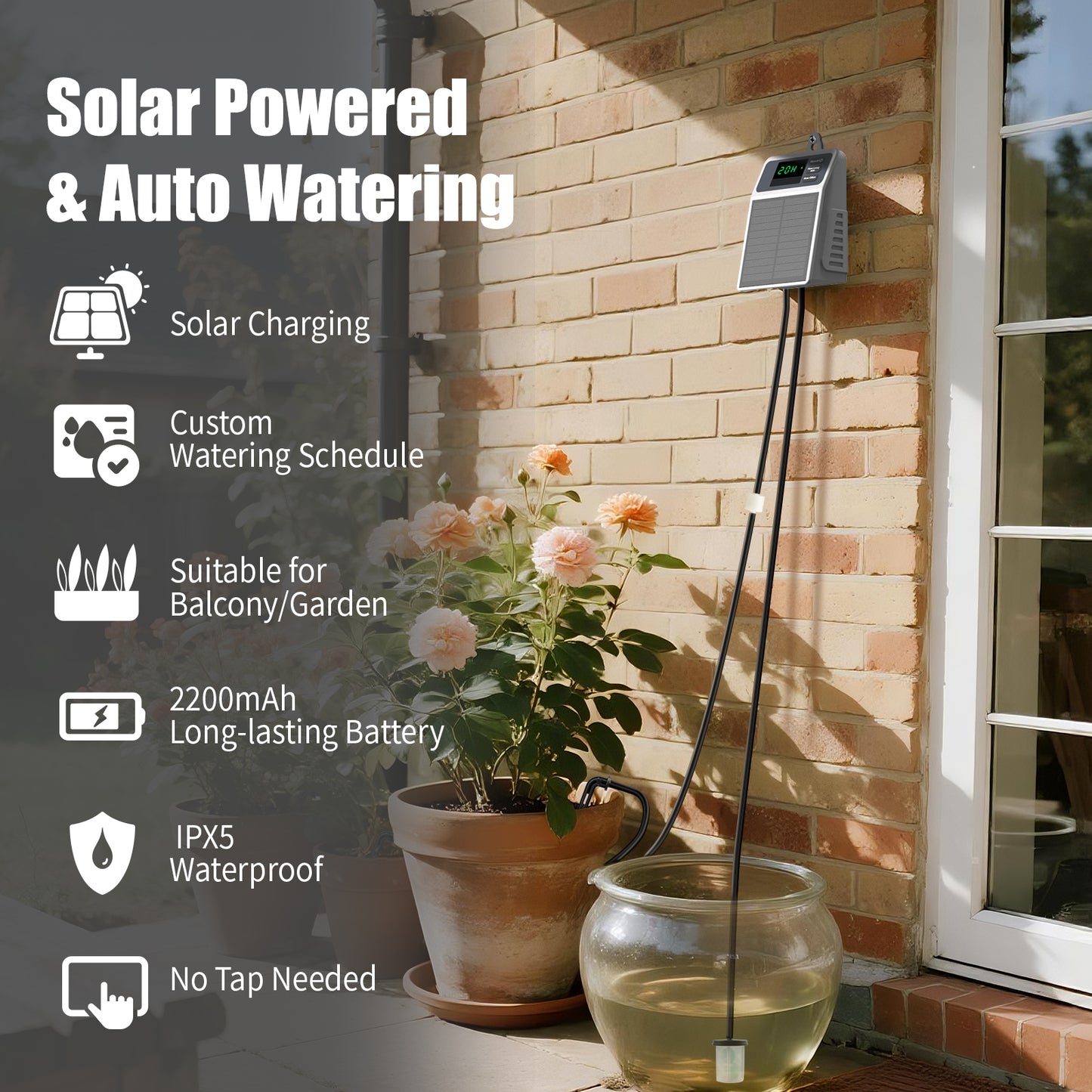 Solar Powered Automatic Drip Irrigation System 10 Plant Capacity IPX5 2200mAh UV-Resistant 4mm Tubing, Customizable Watering Schedule Yieryi