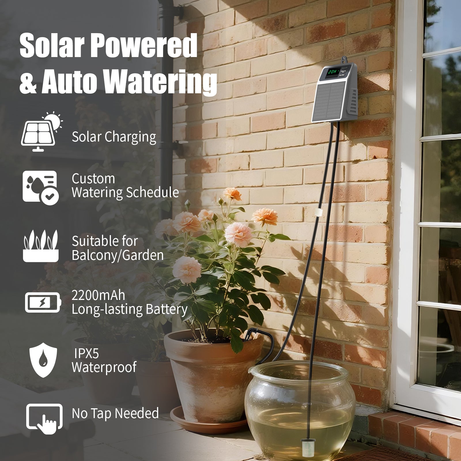 Solar Powered Automatic Drip Irrigation System 10 Plant Capacity IPX5 2200mAh UV-Resistant 4mm Tubing, Customizable Watering Schedule Yieryi