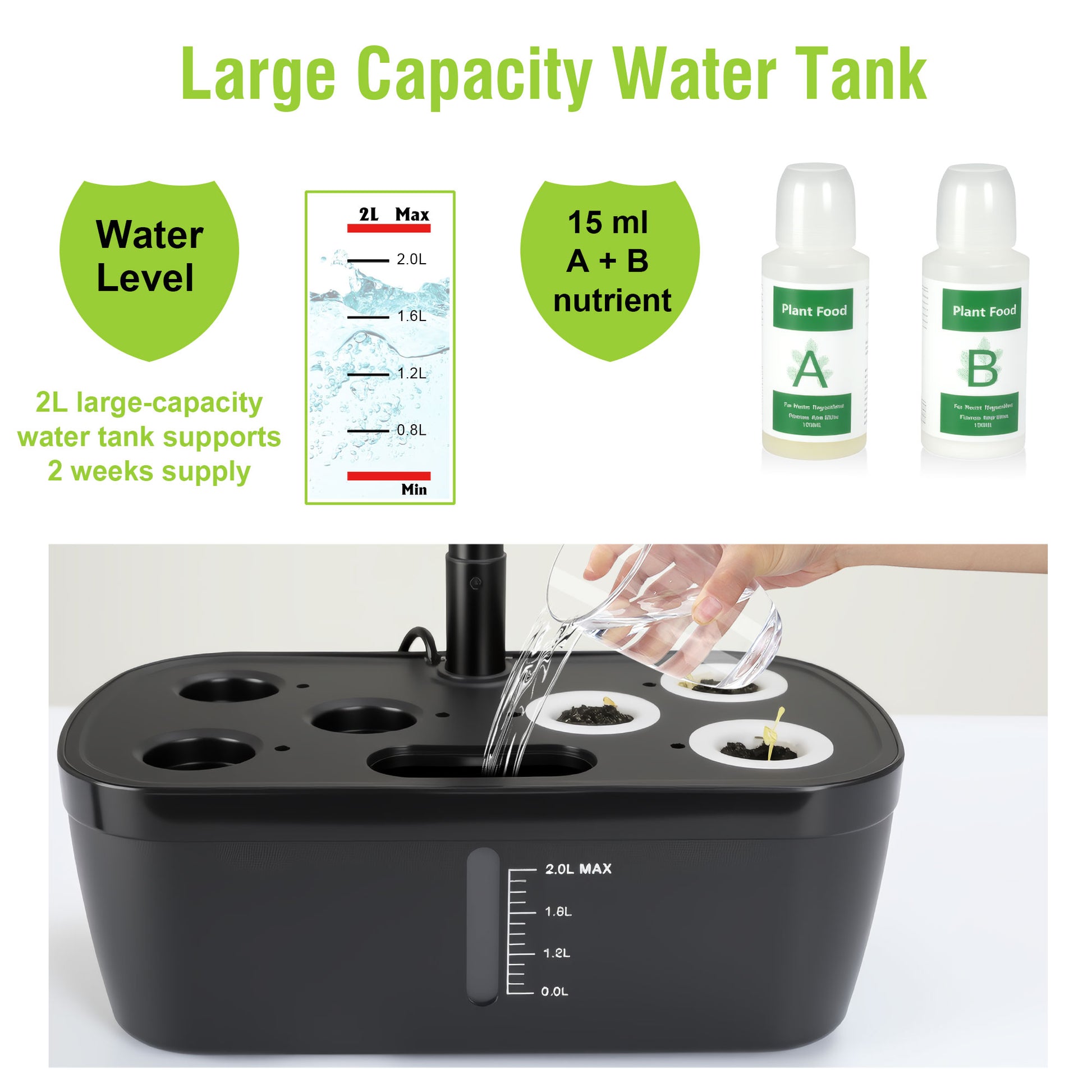 Smart Indoor Nutrient Bottles (A&B) 6 Pods Hydroponic Garden System with Adjustable LED Grow Light with 2L Water Tank Yieryi