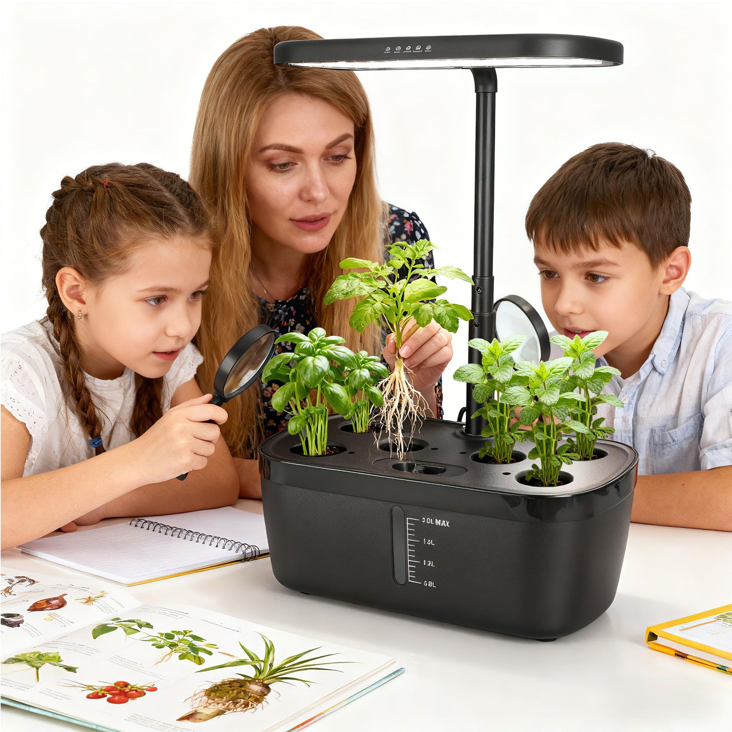Smart Indoor Nutrient Bottles (A&B) 6 Pods Hydroponic Garden System with Adjustable LED Grow Light with 2L Water Tank Yieryi