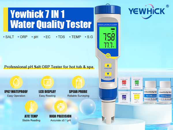 High Precision PH Meter7-in-1 EC/TDS/Salinity/ORP/Temperature/Specific Gravity Water Quality Tester For Spa & Hot Tub, Saltwater Pool, Aquarium, Aquaculture, Water Treatment Yieryi