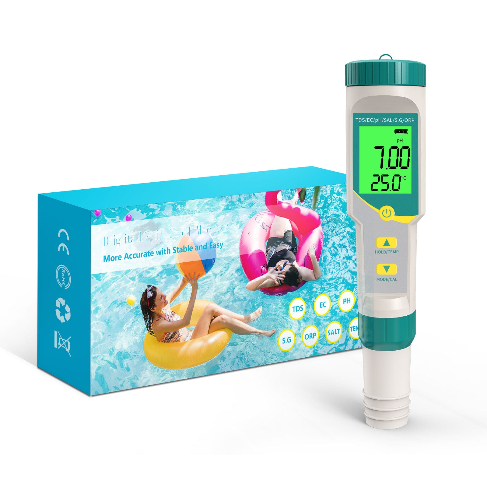 YIERYI 7-in-1 Waterproof Digital Water Quality Tester pH/EC/TDS/Salinity/S.G./ORP Meter for drinking water, aquariums, and hydroponics. Yieryi