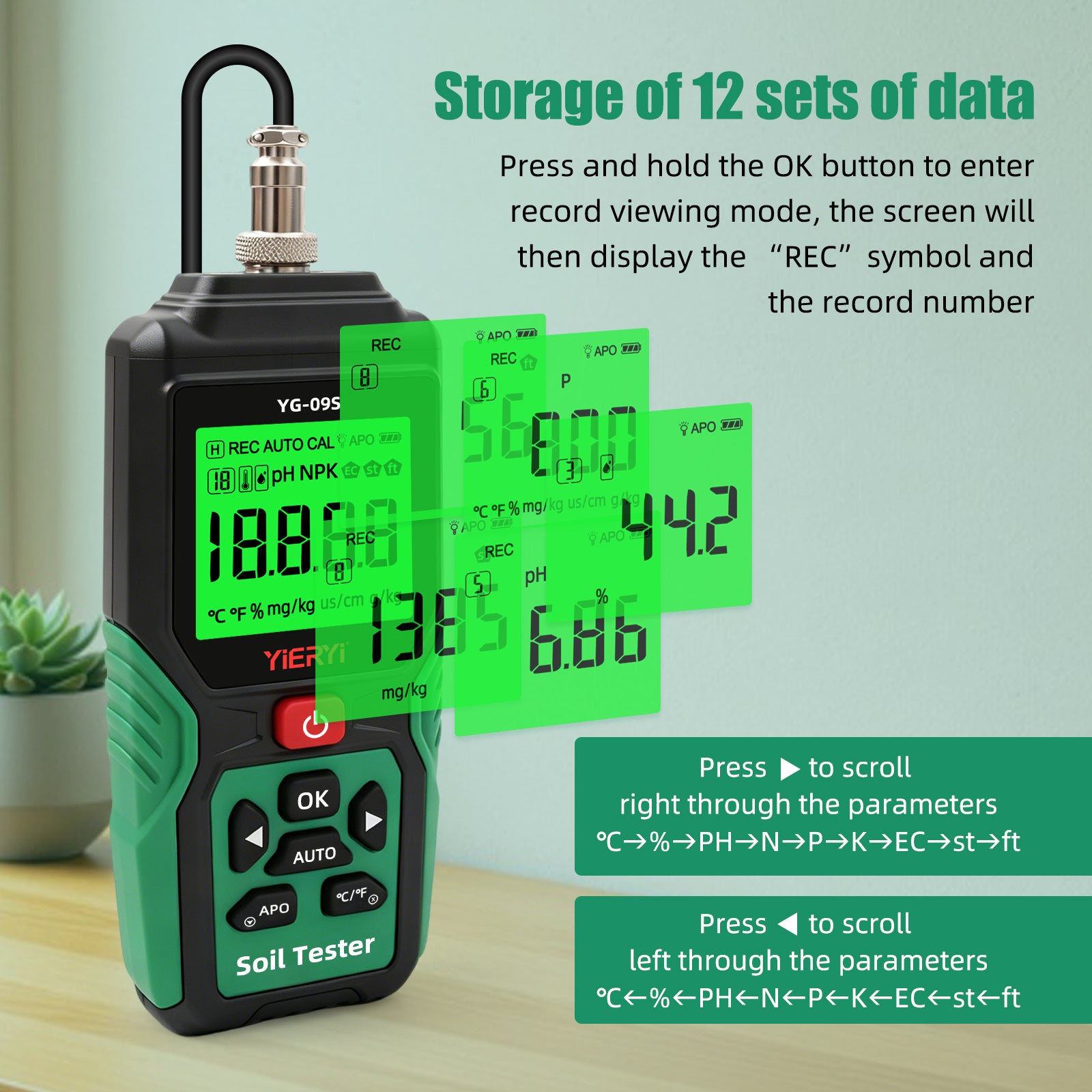 YG-09s9 9-in-1 PH/BC/salinity/fertility/nitrogen, phosphorus, potassium/temperature/humidity handheld soil tester can store and view 12 sets of records Yieryi