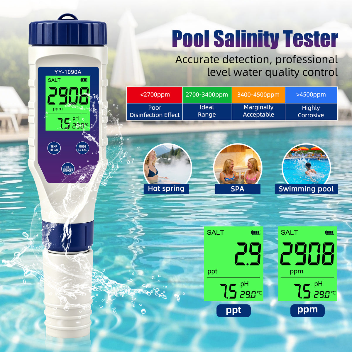 YY1090A 5in1 PH Salinity Temperature TDS EC Backlight PH Simultaneous Display Function Green Screen Rechargeable Version Yieryi