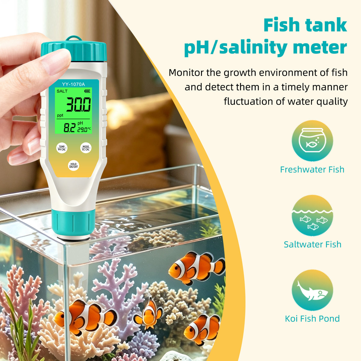 YY1070A 7-in-1 Water Quality Test Pen, Measures pH / Salinity / ORP / TDS / EC / Chlorine / Temp, Simultaneous Display, Green Backlight LCD Yieryi