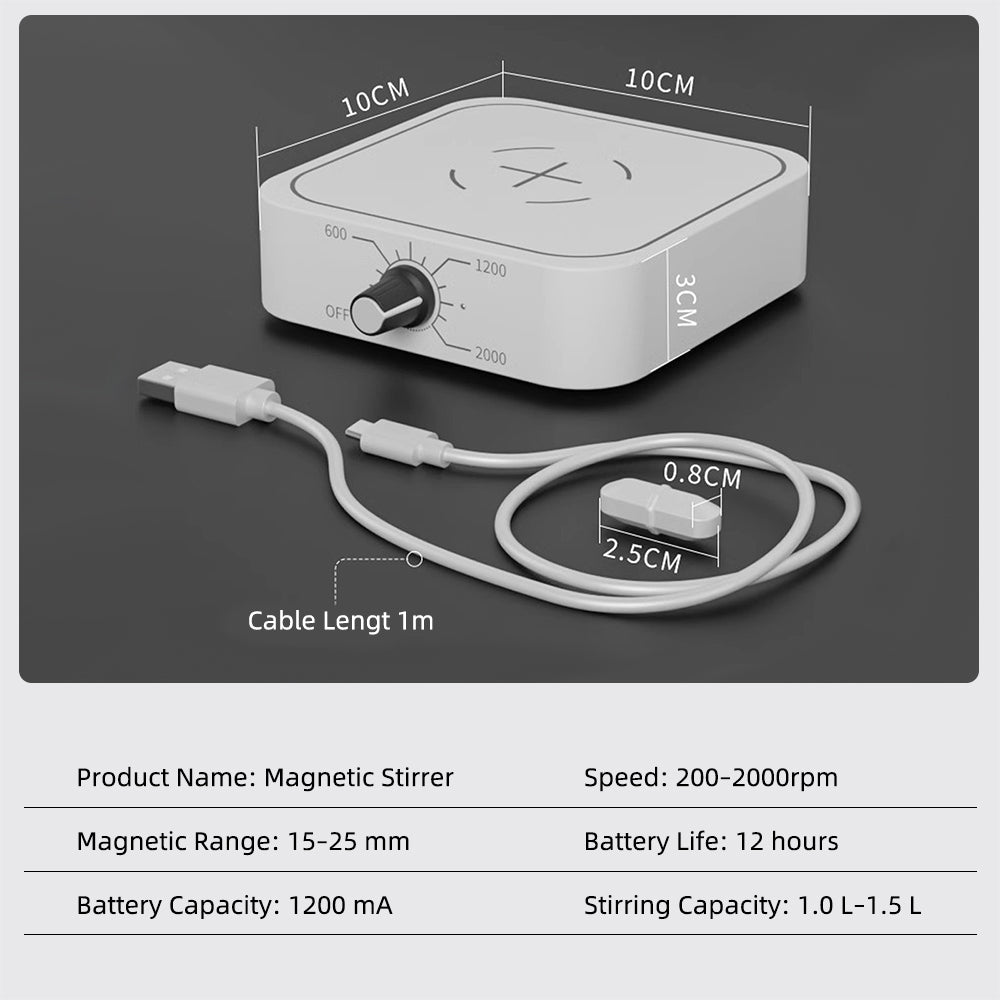 Mini Magnetic Stirrer, USB‑Charged Portable Liquid Mixer, Adjustable Speed 200‑2000 RPM, 1.0‑1.5L Capacity, Low‑Voltage Lab Magnetic Mixing Equipment Yieryi