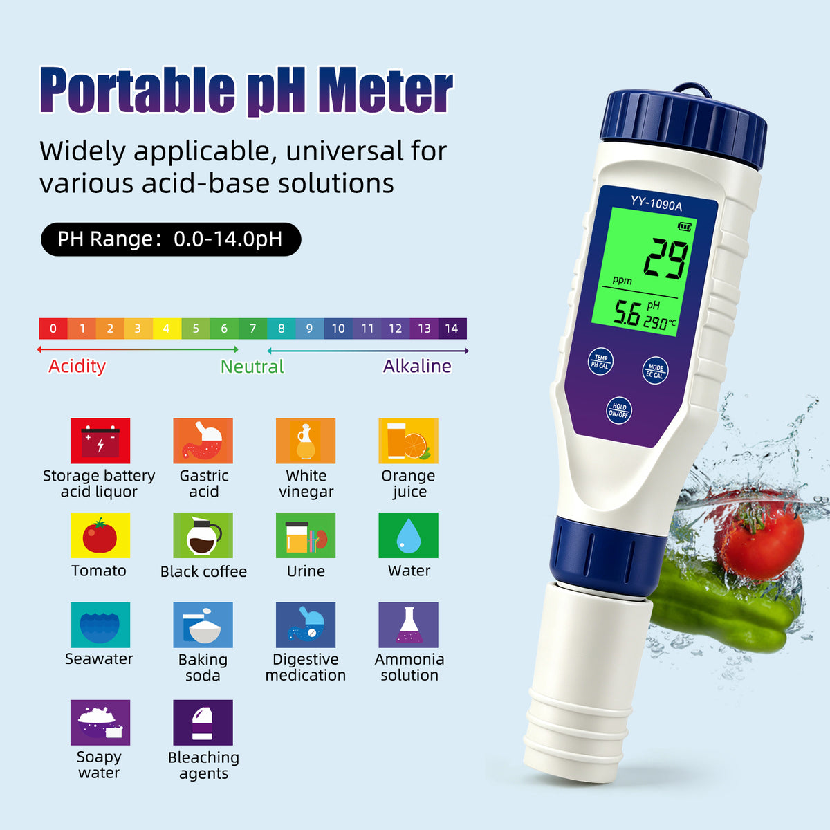 YY1090A 5in1 PH Salinity Temperature TDS EC Backlight PH Simultaneous Display Function Green Screen Rechargeable Version Yieryi