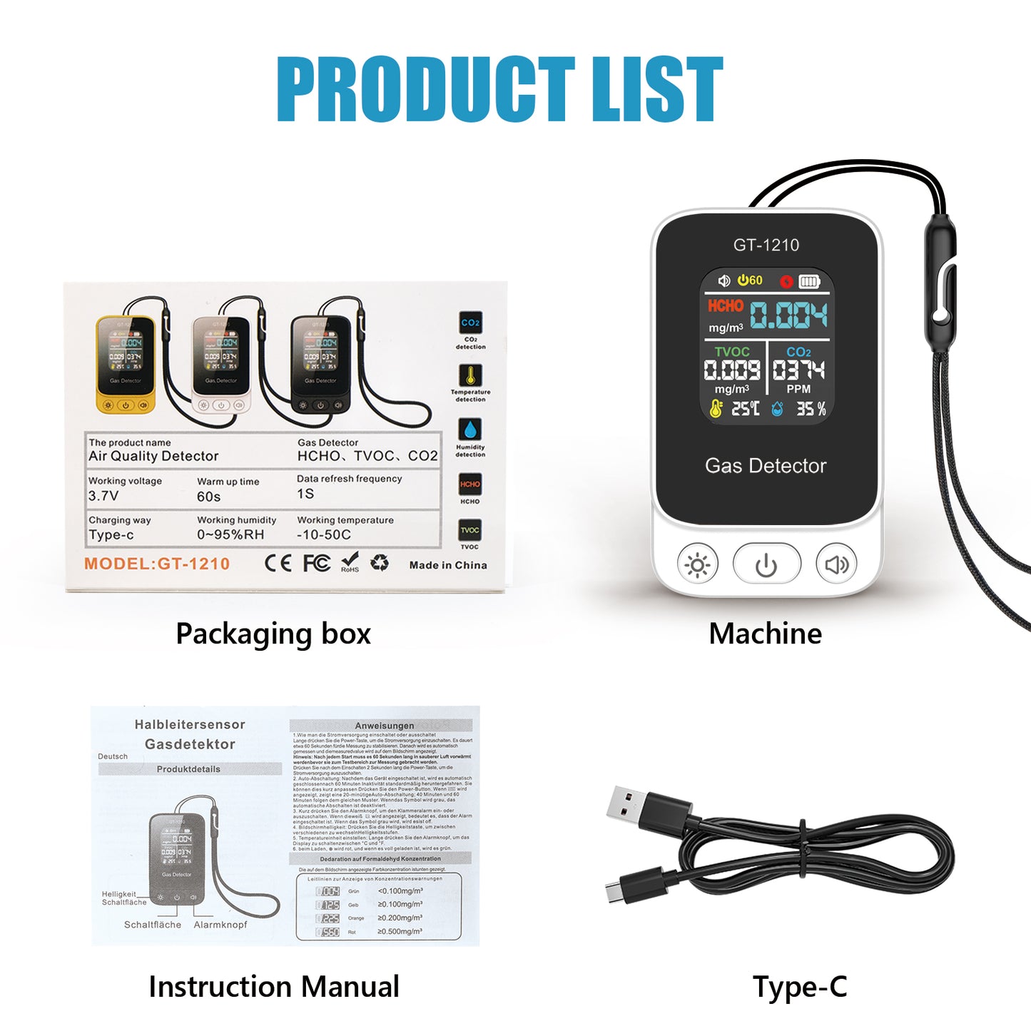 5‑in‑1 HCHO TVOC CO Temp Humidity Air Quality Gas Detector Yieryi