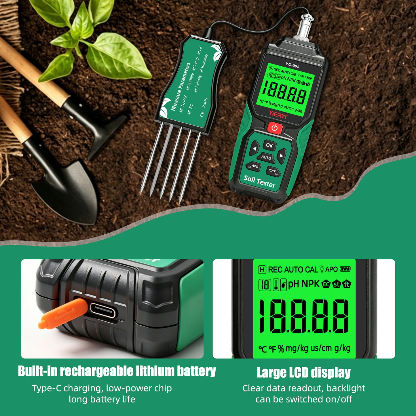 Multi Probe Soil Testing Kit, Rechargeable Type-C Soil pH Fertilizer Tester for Garden Farm Planting Yieryi