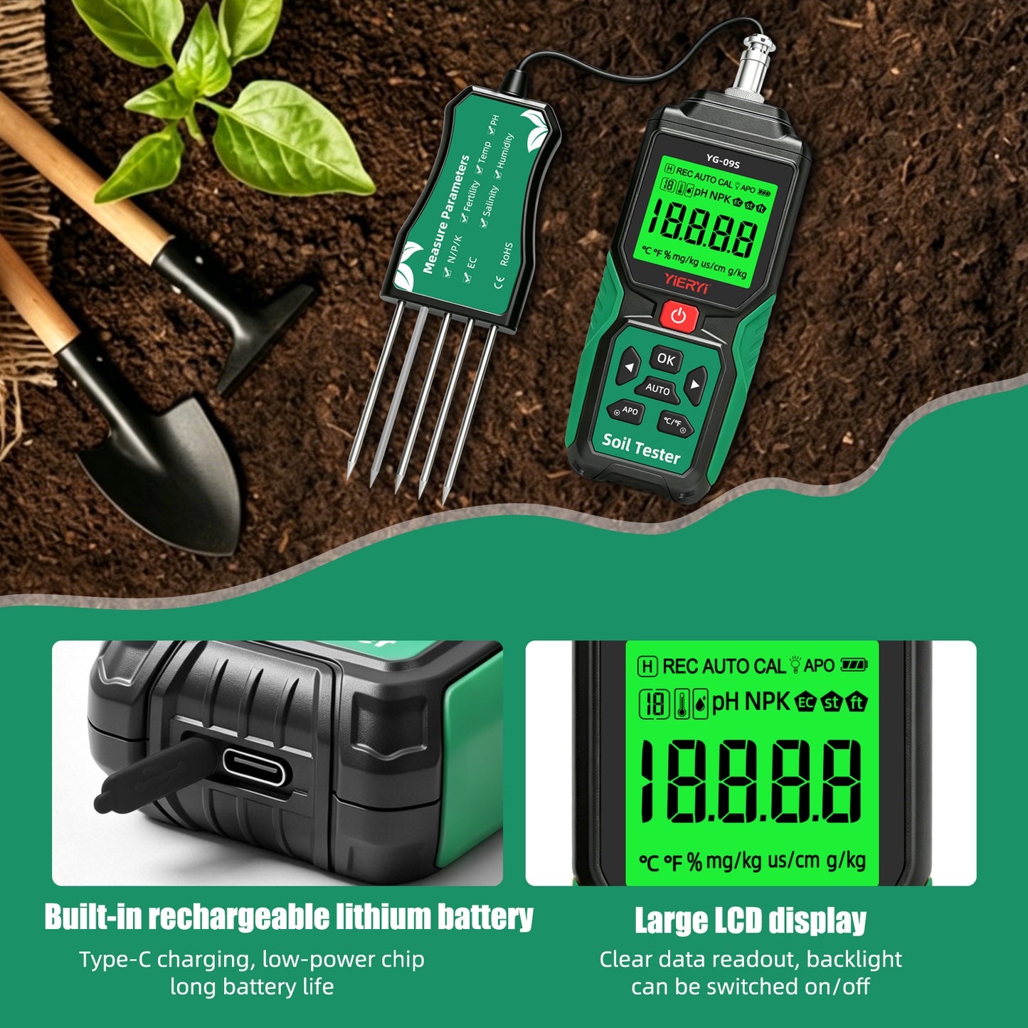 YG-09s9 9-in-1 PH/BC/salinity/fertility/nitrogen, phosphorus, potassium/temperature/humidity handheld soil tester can store and view 12 sets of records Yieryi