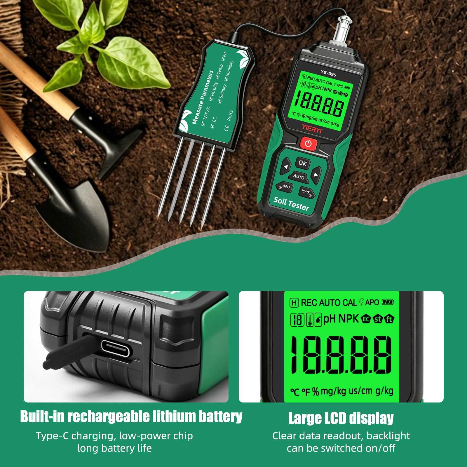 YG-09s9 9-in-1 PH/BC/salinity/fertility/nitrogen, phosphorus, potassium/temperature/humidity handheld soil tester can store and view 12 sets of records Yieryi