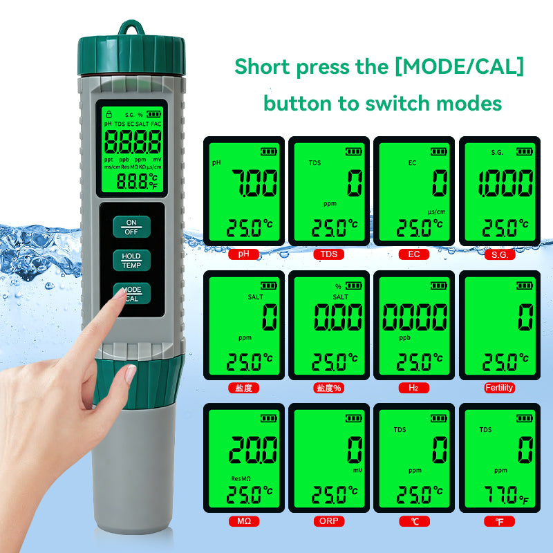 10‑in‑1 Multi‑Parameter Water Quality Test Pen, PH TDS EC ORP Salinity Meter Yieryi