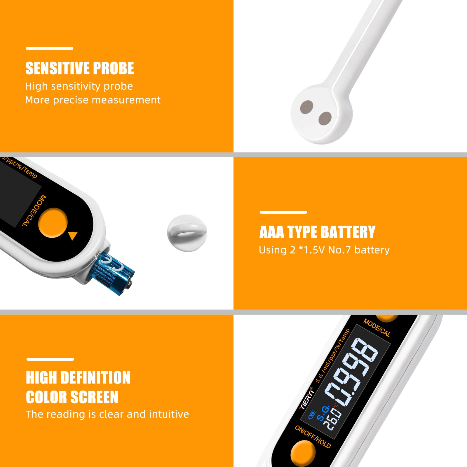 YIERYI Professional 5-in-1 Food Salt Meter High-Precision Water Quality Analysis Digital Salt Monitor EC / TDS / SALT / S.G. / TEMP Tester for Kitchen Yieryi