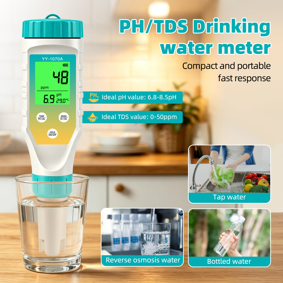 YY1070A 7-in-1 Water Quality Test Pen, Measures pH / Salinity / ORP / TDS / EC / Chlorine / Temp, Simultaneous Display, Green Backlight LCD Yieryi