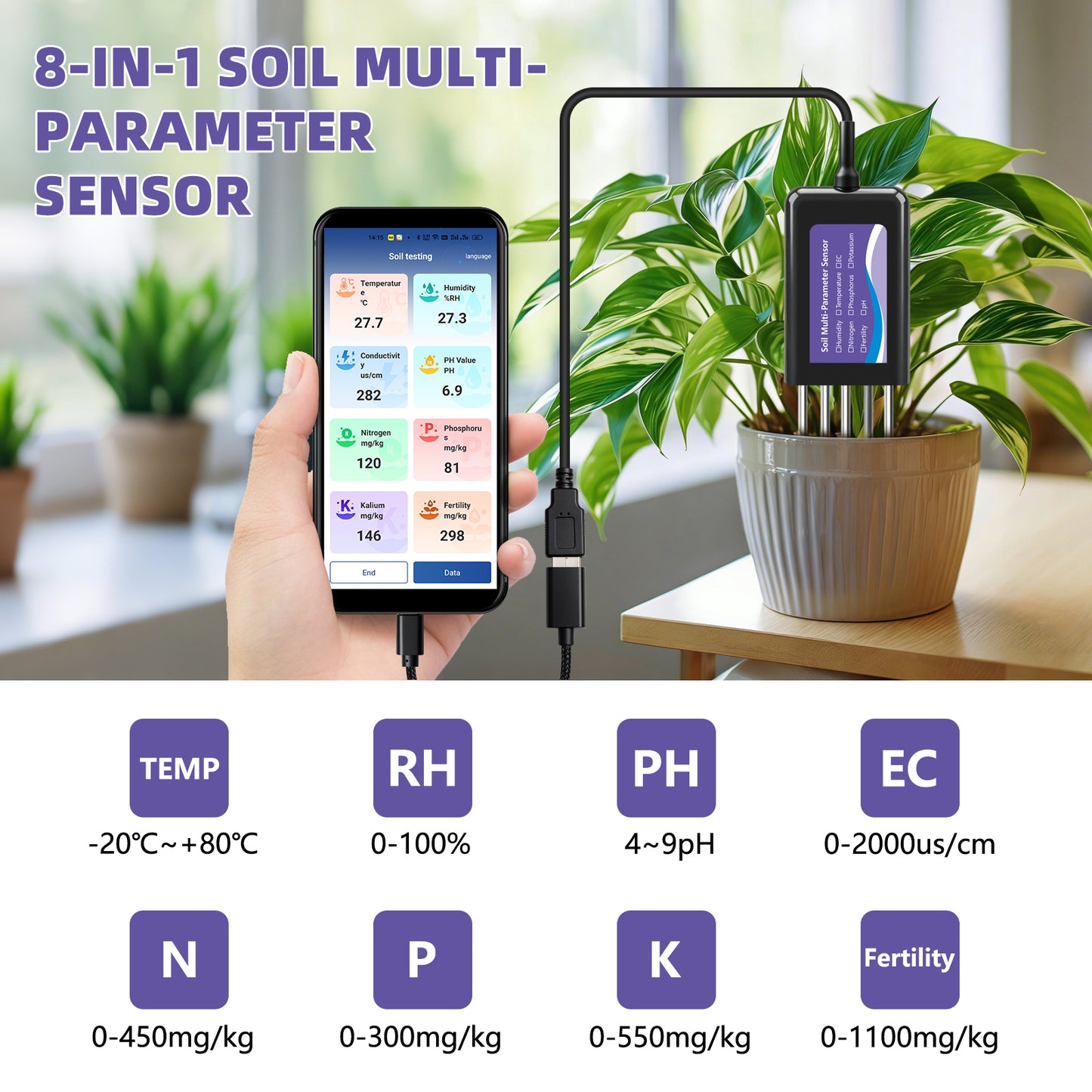 Upgraded USB‑C Connected Soil Tester with EC, Temperature‑Humidity, PH, Fertility and N‑P‑K Data Storage Function Yieryi