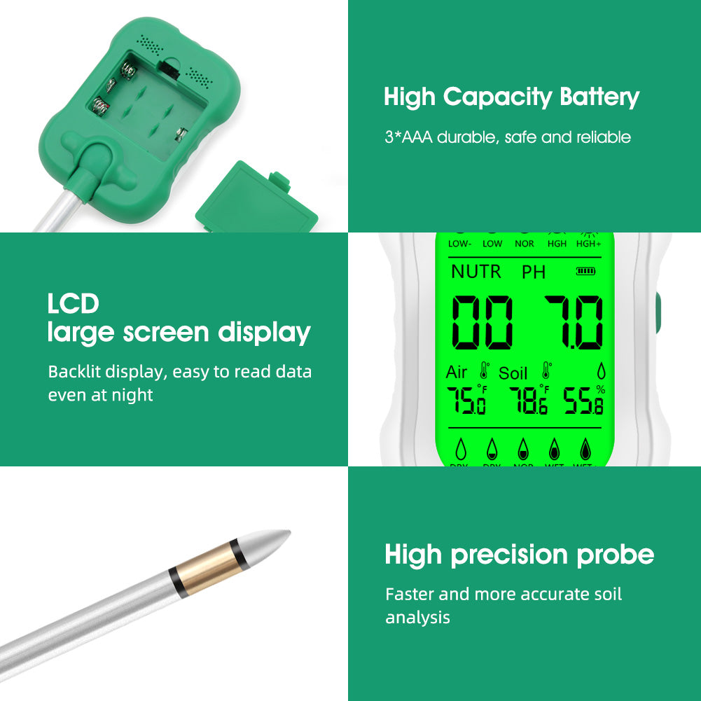 Yieryi 7-in-1 Soil Tester for Gardening & Farming | Monitor Soil pH, Moisture, Fertility, Temperature, Light & Humidity