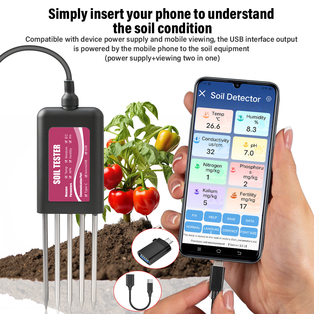 YIERYI 8-in-1 USB Soil Tester with Real-Time Monitoring: pH, Moisture, NPK, EC, Temperature & Fertility Sensor for Android/HarmonyOS Yieryi