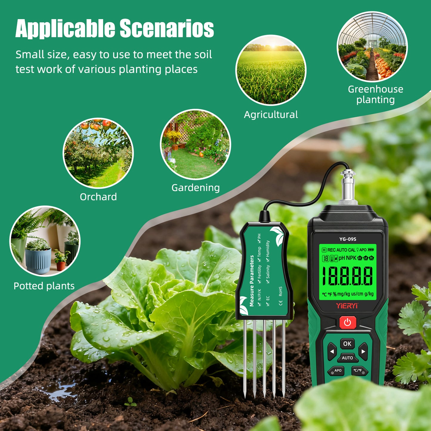 YG-09s9 9-in-1 PH/BC/salinity/fertility/nitrogen, phosphorus, potassium/temperature/humidity handheld soil tester can store and view 12 sets of records Yieryi