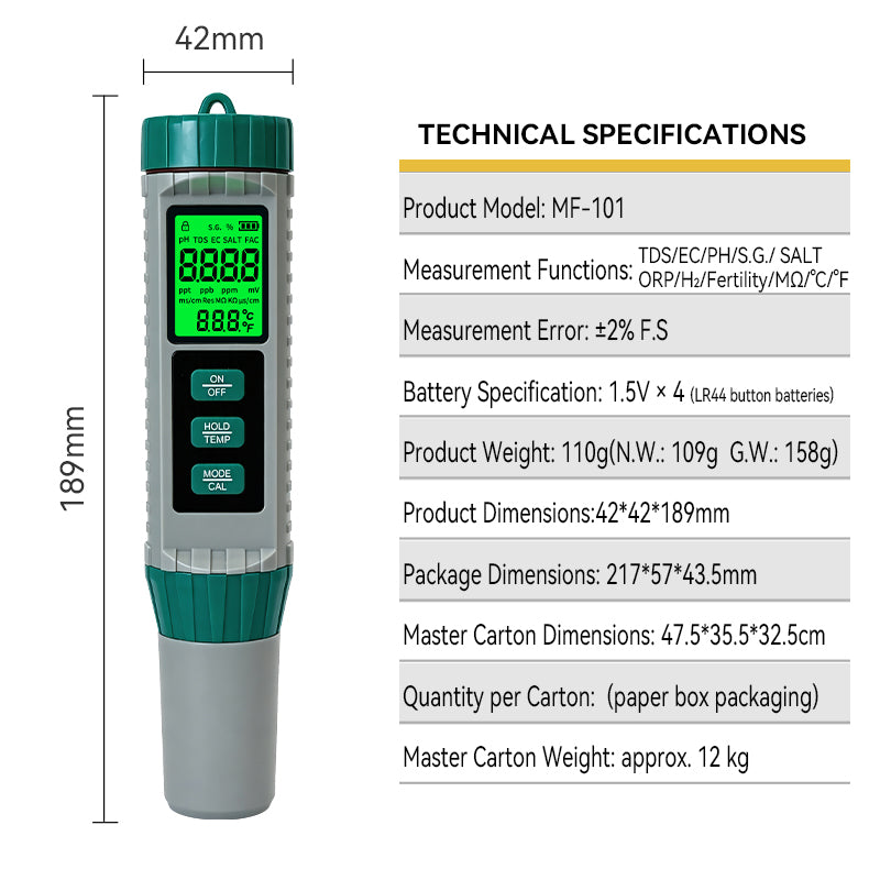 10‑in‑1 Multi‑Parameter Water Quality Test Pen, PH TDS EC ORP Salinity Meter Yieryi