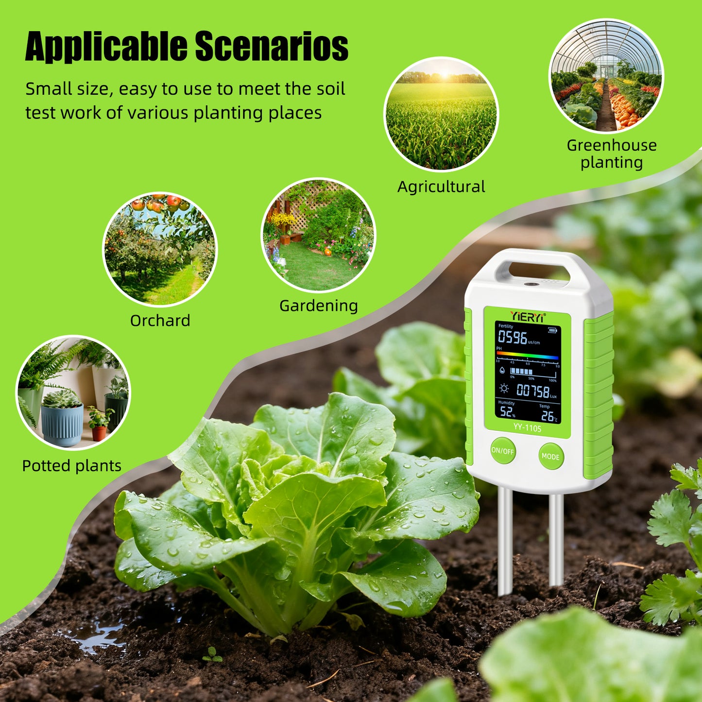 YIERYI 6-in-1 Soil Tester with 90° Rotatable LCD Display soil pH meter,moisture,light,temperature, fertility, and humidity in one device Yieryi