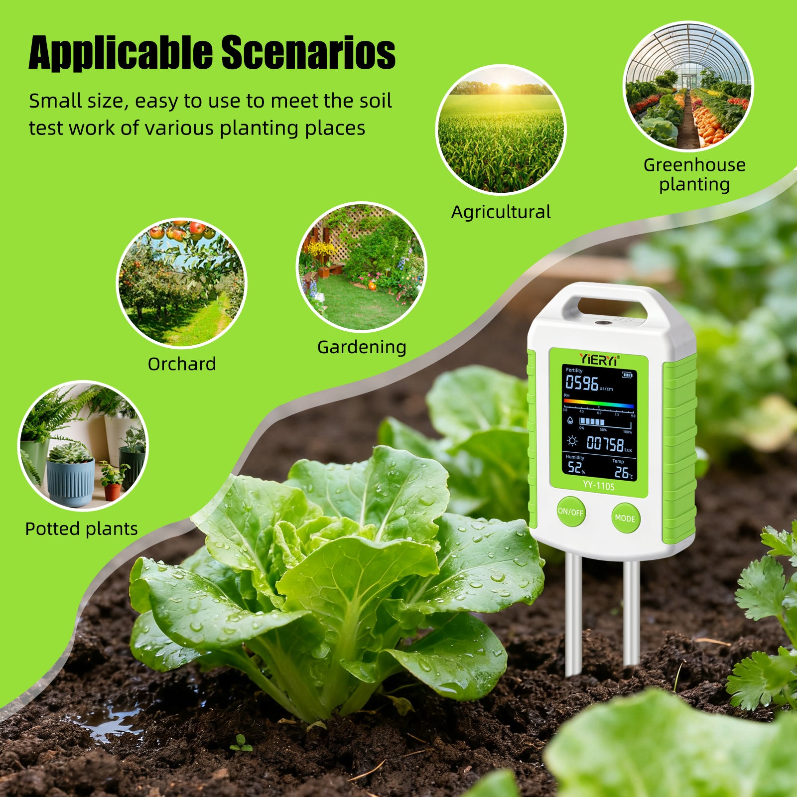 YIERYI 6-in-1 Soil Tester with 90° Rotatable LCD Display soil pH meter,moisture,light,temperature, fertility, and humidity in one device Yieryi