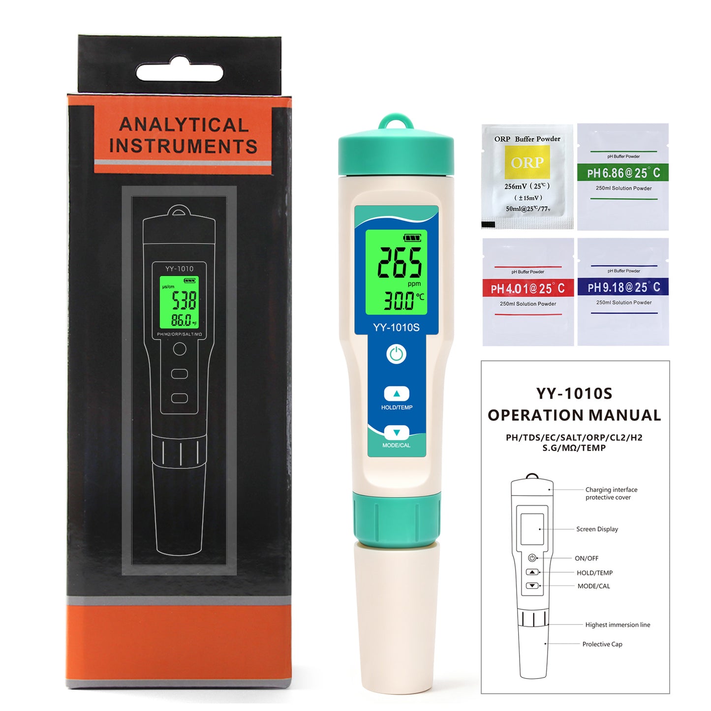 YY-1010S 10-in-1 Water Quality Test Pen | PH, TDS, EC, Salinity, ORP, H2, S.G, Temperature, Chlorine, Resistivity Yieryi