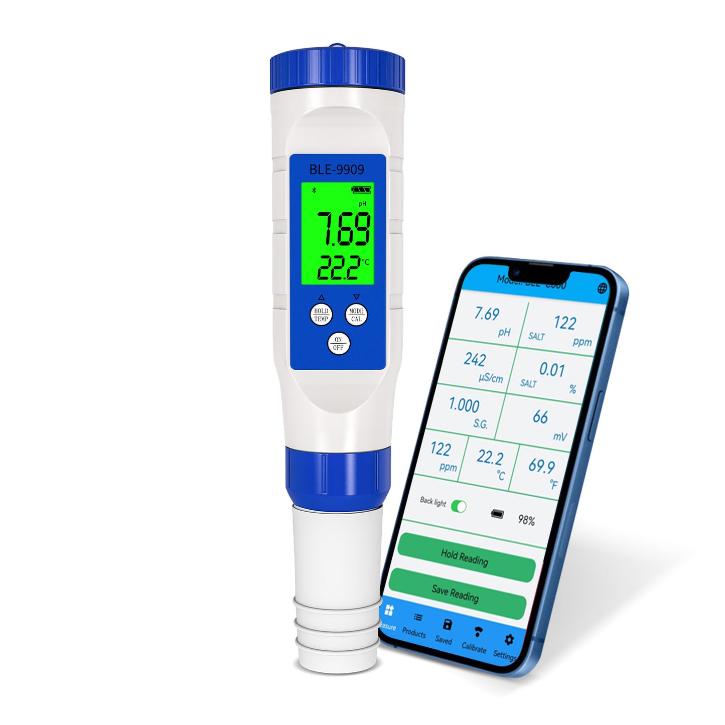 YIERYI 5 in 1 Salinity Meter, TDS EC Temp pH Tester, Bluetooth pH Meter for Drinking, Pool, Swimming Pool and Aquarium