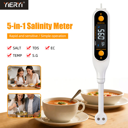 YIERYI Professional 5-in-1 Food Salt Meter High-Precision Water Quality Analysis Digital Salt Monitor EC / TDS / SALT / S.G. / TEMP Tester for Kitchen Yieryi