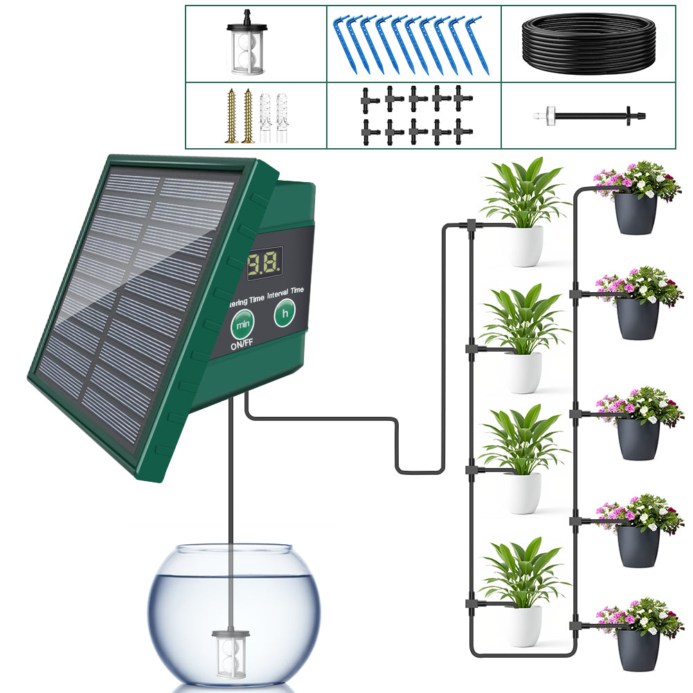 Solar Powered Auto Watering Device, Intelligent Drip Irrigation Kit for Indoor Outdoor Flowers Vegetables Yieryi