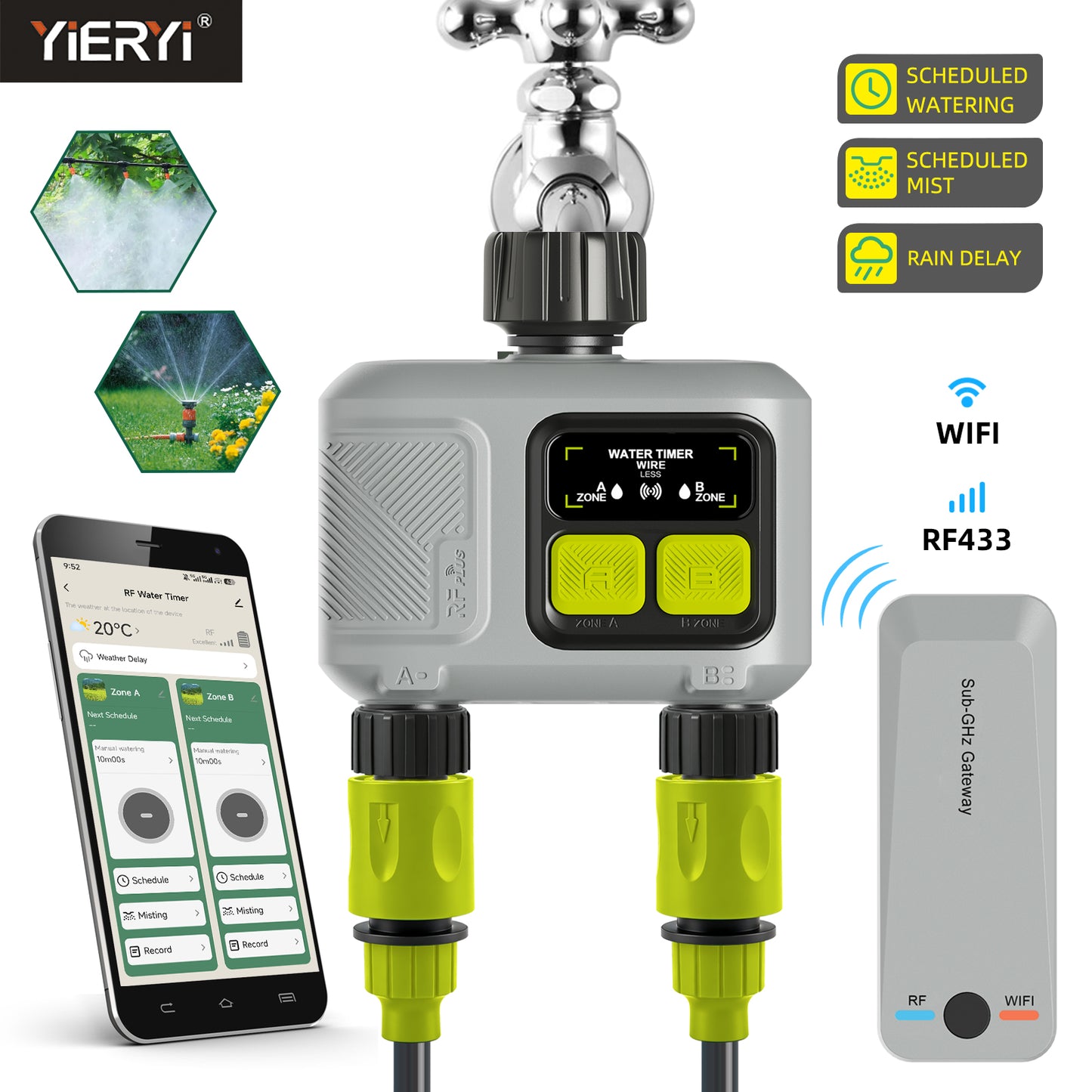 2-Zone Remote Smart Water Timer, Automatic Garden Irrigation Controller, Timed Plant Watering Device for Gardening Yieryi