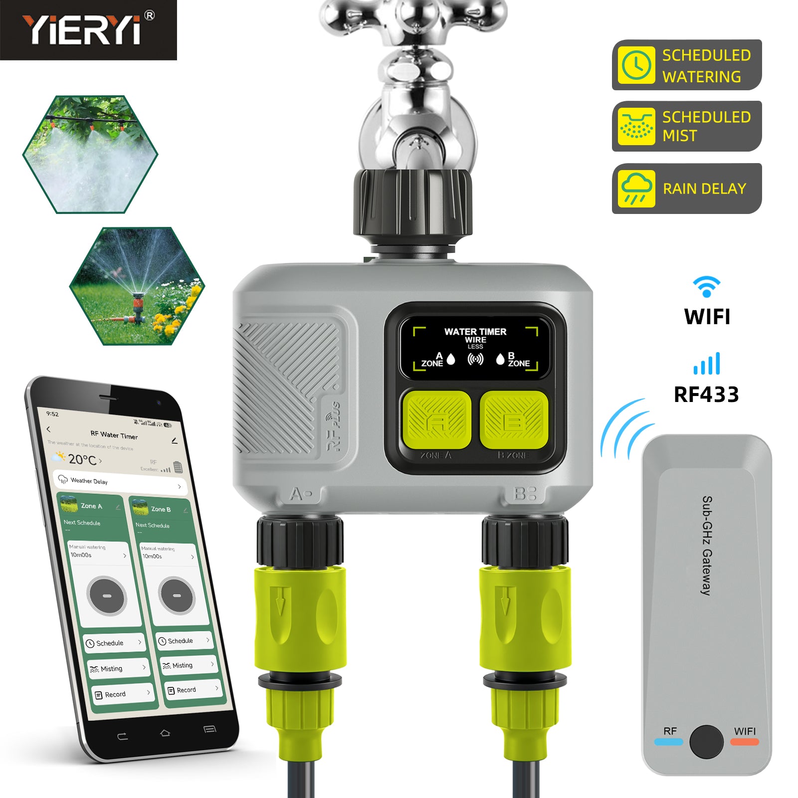 2-Zone Remote Smart Water Timer, Automatic Garden Irrigation Controller, Timed Plant Watering Device for Gardening Yieryi