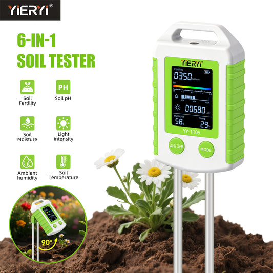 YIERYI 6-in-1 Soil Tester with 90° Rotatable LCD Display soil pH meter,moisture,light,temperature, fertility, and humidity in one device Yieryi
